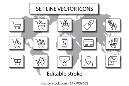 Shopping Cart Vector Line Icons Set: Money, ATM, List Products, Vegetables, Bank Card, Terminal, Bag, Favorite Shopping, Gifts, Express Checkout, Mobile Shop and more. Editable Stroke. 32x32 Pixel