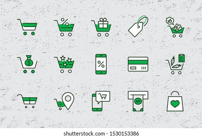 Shopping Cart Vector Line Icons Set: Money, ATM, List Products, Vegetables, Bank Card, Terminal, Bag, Favorite Shopping, Gifts, Express Checkout, Mobile Shop and more. Editable Stroke. 32x32 Pixel