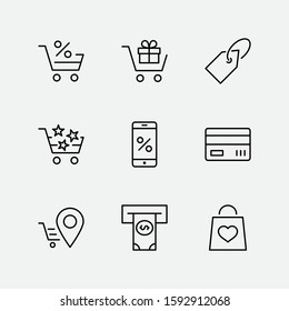 Shopping Cart Vector Line Icons Set: Money, ATM, List Products, Vegetables, Bank Card, Terminal, Bag, Favorite Shopping, Gifts, Express Checkout, Mobile Shop and more. Editable Stroke. 32x32 Pixel