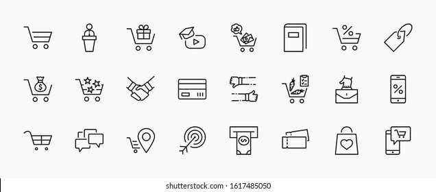 Shopping Cart Vector Line Icons Set: Money, ATM, List Products, Vegetables, Bank Card, Terminal, Bag, Favorite Shopping, Gifts, Express Checkout, Mobile Shop and more. Editable Stroke. 32x32 Pixel