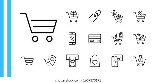 Shopping Cart Vector Line Icons Set: Money, ATM, List Products, Vegetables, Bank Card, Terminal, Bag, Favorite Shopping, Gifts, Express Checkout, Mobile Shop and more. Editable Stroke. 32x32 Pixels