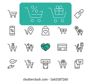 Shopping Cart Vector Line Icons Set: Money, ATM, List Products, Vegetables, Bank Card, Terminal, Bag, Favorite Shopping, Gifts, Express Checkout, Mobile Shop and more. Editable Stroke. 32x32 Pixels