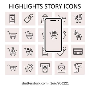 Shopping Cart Vector Line Icons Set: Money, ATM, List Products, Vegetables, Bank Card, Terminal, Bag, Favorite Shopping, Gifts, Express Checkout, Mobile Shop and more. Editable Stroke. 32x32 Pixels