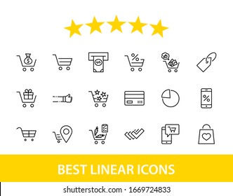 Shopping Cart Vector Line Icons Set: Money, ATM, List Products, Vegetables, Bank Card, Terminal, Bag, Favorite Shopping, Gifts, Express Checkout, Mobile Shop and more. Editable Stroke. 32x32 Pixels