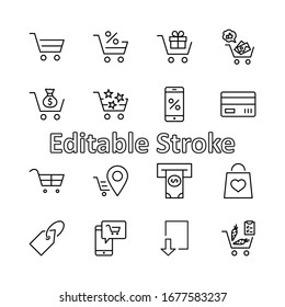 Shopping Cart Vector Line Icons Set: Money, ATM, List Products, Vegetables, Bank Card, Terminal, Bag, Favorite Shopping, Gifts, Express Checkout, Mobile Shop and more. Editable Stroke. 32x32 Pixels