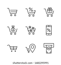 Shopping Cart Vector Line Icons Set: Money, ATM, List Products, Vegetables, Bank Card, Terminal, Bag, Favorite Shopping, Gifts, Express Checkout, Mobile Shop and more. Editable Stroke. 32x32 Pixels