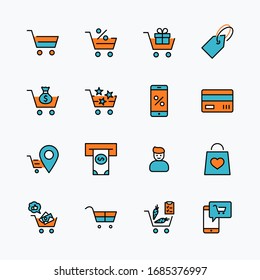 Shopping Cart Vector Line Icons Set: Money, ATM, List Products, Vegetables, Bank Card, Terminal, Bag, Favorite Shopping, Gifts, Express Checkout, Mobile Shop and more. Editable Stroke. 32x32 Pixel