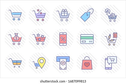 Shopping Cart Vector Line Icons Set: Money, ATM, List Products, Vegetables, Bank Card, Terminal, Bag, Favorite Shopping, Gifts, Express Checkout, Mobile Shop and more. Editable Stroke. 32x32 Pixel
