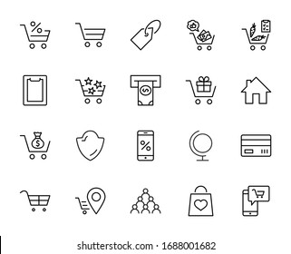 Shopping Cart Vector Line Icons Set: Money, ATM, List Products, Vegetables, Bank Card, Terminal, Bag, Favorite Shopping, Gifts, Express Checkout, Mobile Shop and more. Editable Stroke. 32x32 Pixels