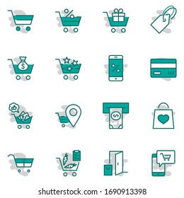 Shopping Cart Vector Line Icons Set: Money, ATM, List Products, Vegetables, Bank Card, Terminal, Bag, Favorite Shopping, Gifts, Express Checkout, Mobile Shop and more. Editable Stroke. 32x32 Pixel