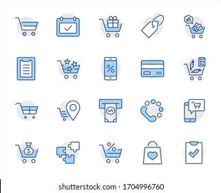 Shopping Cart Vector Line Icons Set: Money, ATM, List Products, Vegetables, Bank Card, Terminal, Bag, Favorite Shopping, Gifts, Express Checkout, Mobile Shop and more. Editable Stroke. 32x32 Pixel