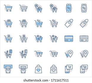 Shopping Cart Vector Line Icons Set: Money, ATM, List Products, Vegetables, Bank Card, Terminal, Bag, Favorite Shopping, Gifts, Express Checkout, Mobile Shop and more. Editable Stroke. 32x32 Pixel