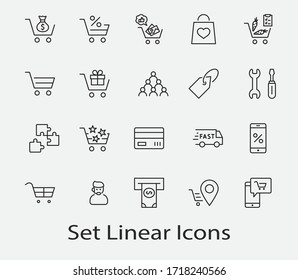 Shopping Cart Vector Line Icons Set: Money, ATM, List Products, Vegetables, Bank Card, Terminal, Bag, Favorite Shopping, Gifts, Express Checkout, Mobile Shop and more. Editable Stroke. 32x32 Pixels