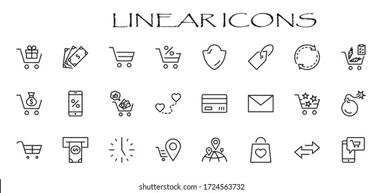 Shopping Cart Vector Line Icons Set: Money, ATM, List Products, Vegetables, Bank Card, Terminal, Bag, Favorite Shopping, Gifts, Express Checkout, Mobile Shop and more. Editable Stroke. 32x32 Pixels