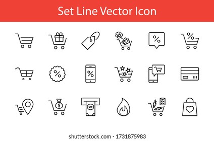 Shopping Cart Vector Line Icons Set: Money, ATM, List Products, Vegetables, Bank Card, Terminal, Bag, Favorite Shopping, Gifts, Express Checkout, Mobile Shop and more. Editable Stroke. 32x32 Pixels