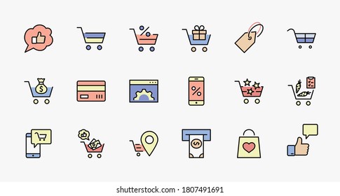 Shopping Cart Vector Line Icons Set: Money, ATM, List Products, Vegetables, Bank Card, Terminal, Bag, Favorite Shopping, Gifts, Express Checkout, Mobile Shop and more. Editable Stroke. 32x32 Pixel