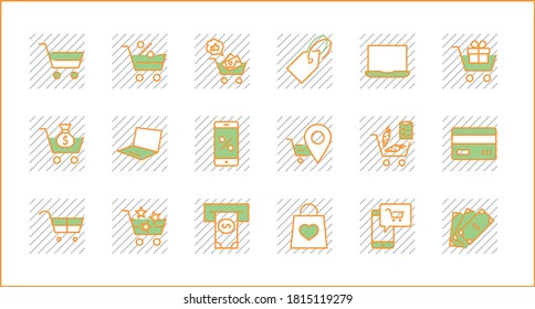 Shopping Cart Vector Line Icons Set: Money, ATM, List Products, Vegetables, Bank Card, Terminal, Bag, Favorite Shopping, Gifts, Express Checkout, Mobile Shop and more. Editable Stroke. 