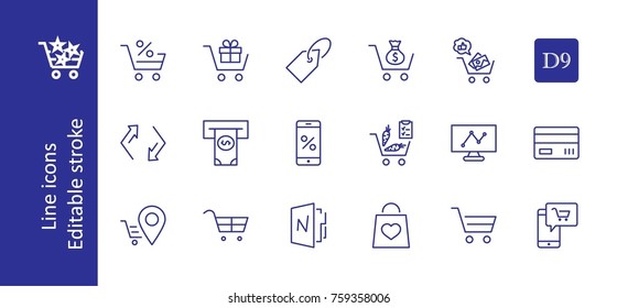Shopping Cart Vector Line Icons Set: Money, ATM, List Products, Vegetables, Bank Card, Terminal, Bag, Favorite Shopping, Gifts, Express Checkout, Mobile Shop and more. Editable Stroke. 32x32 Pixel