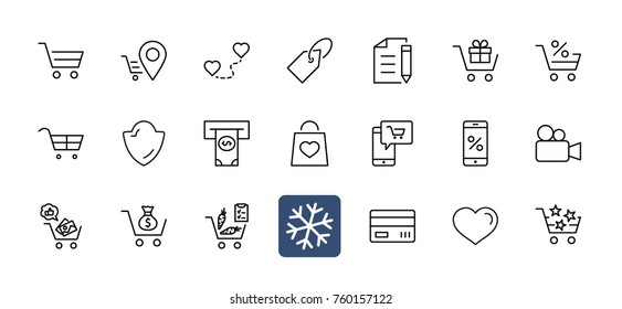 Shopping Cart Vector Line Icons Set: Money, ATM, List Products, Vegetables, Bank Card, Terminal, Bag, Favorite Shopping, Gifts, Express Checkout, Mobile Shop and more. Editable Stroke. 32x32 Pixel