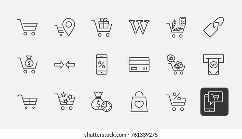 Shopping Cart Vector Line Icons Set: Money, ATM, List Products, Vegetables, Bank Card, Terminal, Bag, Favorite Shopping, Gifts, Express Checkout, Mobile Shop and more. Editable Stroke. 32x32 Pixel