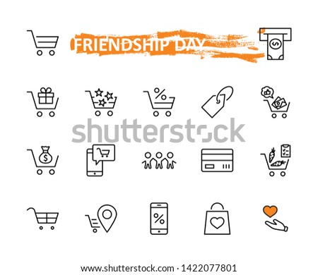 Shopping Cart Vector Line Icons Set: Money, ATM, List Products, Vegetables, Bank Card, Terminal, Bag, Favorite Shopping, Gifts, Express Checkout, Mobile Shop and more. Editable Stroke. 32x32 Pixel