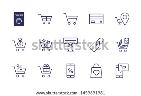Shopping Cart Vector Line Icons Set: Money, ATM, List Products, Vegetables, Bank Card, Terminal, Bag, Favorite Shopping, Gifts, Express Checkout, Mobile Shop and more. Editable Stroke. 32x32 Pixel
