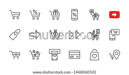 Shopping Cart Vector Line Icons Set: Money, ATM, List Products, Vegetables, Bank Card, Terminal, Bag, Favorite Shopping, Gifts, Express Checkout, Mobile Shop and more. Editable Stroke. 32x32 Pixel