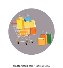 shopping cart vector with lots of cardboard and grocery bags on it, business themed vector