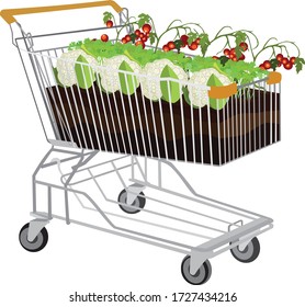 shopping cart with vegetables in the soil