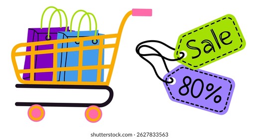 Shopping cart with vibrant bags and bold sale tags indicating significant discounts on items