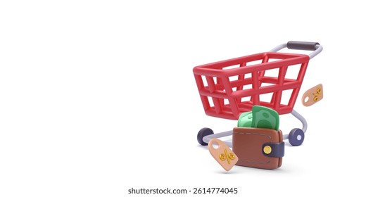 Shopping Cart With Wallet, Cash, And Discount Tags In 3D Cartoon Style. Concept Of Budgeting, Sale, Or Retail Purchase. Clean Minimal Background. Vector Illustration.