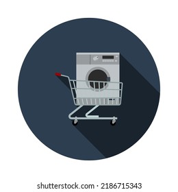 Shopping Cart With Washing Machine Icon. Flat Circle Stencil Design With Long Shadow. Vector Illustration.