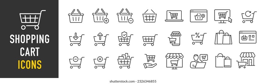 Iconos web de carritos de compras en estilo de línea. Cesta de compras, tienda móvil, tienda online, bolsa, añadir, colección. Ilustración vectorial.