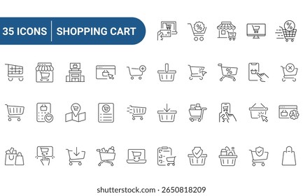 Carrinho de Compras Ícones da Web Definidos em Linha ou contorno Estilo relacionado ao carrinho de compras, cesta de compras, saco de compras. Para aplicativos móveis e da Web. Coleção de ícones linear. Traçados editáveis. Ilustração vetorial