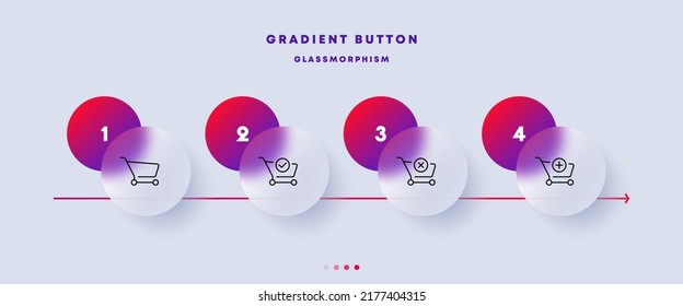 Shopping cart with website buttons set icon. Buy, purchase, plus, cross, check mark, tick, add, remove, delete. Shopping concept. Glassmorphism style. Vector line icon for Business and Advertising.