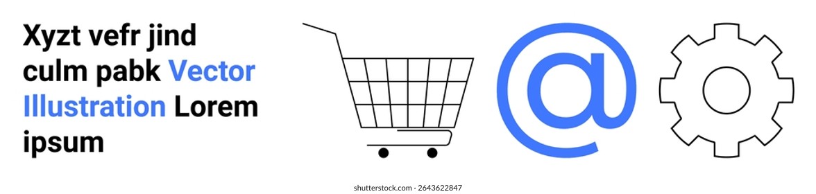 Carrinho de compras com rodas, sinal de e-mail e alinhamento de símbolo de roda de engrenagens. Ideal para temas de e-commerce, tecnologia, comunicação on-line, marketing, desenvolvimento na Web, experiência do usuário e varejo. Faixa