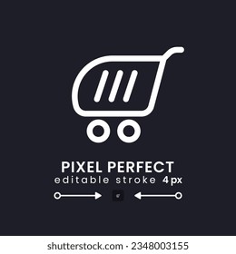 Shopping cart white linear desktop icon on black. Web store. E commerce. Digital marketplace. Pixel perfect, outline 4px. Isolated user interface symbol for dark theme. Editable stroke