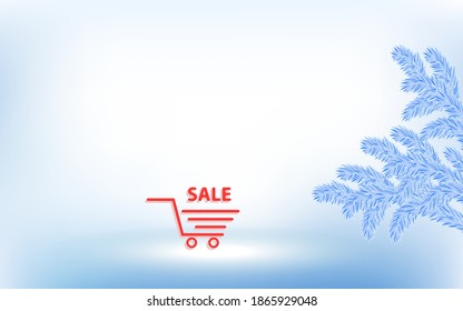 Shopping cart, winter background, spruce branch - vector. Banner Winter sale.