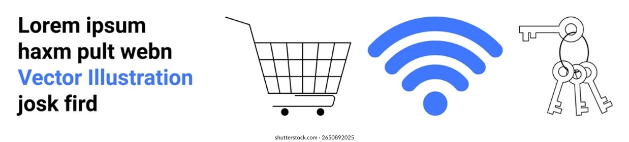 Carrinho de compras, símbolo wireless e chaveiro com teclas definidas contra um plano de fundo plano. Ideal para comércio eletrônico, tecnologia, serviços de Internet, segurança cibernética e varejo. Faixa para a página inicial