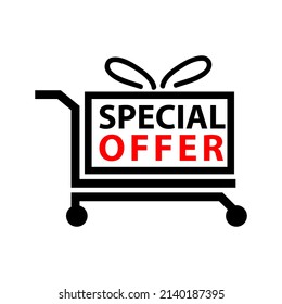 Shopping cart with the word special offer. Flat design. Vector Illustration on white background.