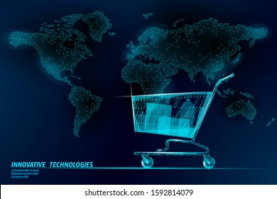 Shopping cart world map low poly design 3D. Online shop worldwide delivery sale vector illustration