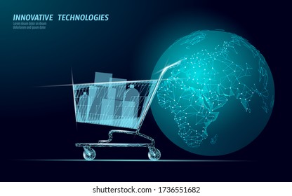 Carro de compras mundo mapa bajo diseño de polígono 3D. Tienda en línea: venta de entregas a nivel mundial, ilustración vectorial