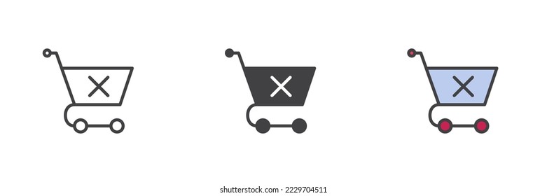 Shopping cart with x mark different style icon set. Line, glyph and filled outline colorful version, outline and filled vector sign. delete Purchase symbol, logo illustration. Vector graphics