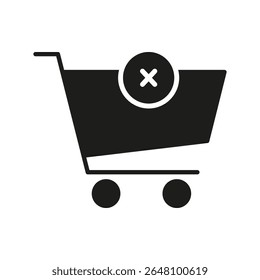 Shopping Cart With X Solid Icon. Cancel Order, Remove From Cart, Or Decline Purchase Silhouette Symbol. E-Commerce And Online Shopping Management. Isolated Vector Illustration.