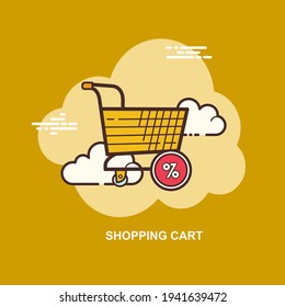 Shopping cart with yellow background flat concept design