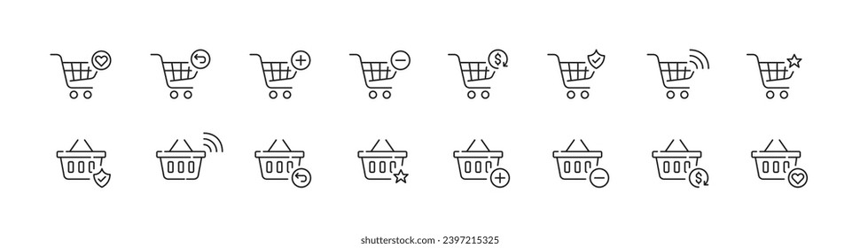 Shopping carts and basket actions. Add to favorites, delete, checkout and secure connection. Pixel perfect icons