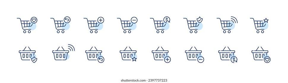 Shopping carts and basket actions. Add to favorites, delete, checkout and secure connection. Pixel perfect icons set