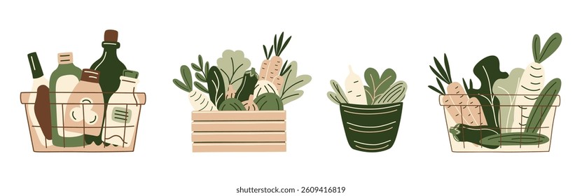 Shopping carts, basket and wooden crate filled with grocery products from a supermarket or farmer market, zero-waste packaging for eco-friendly design. Vector illustration in organic flat style.