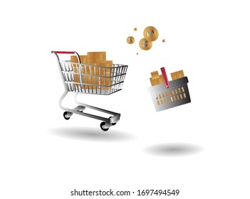Shopping carts, baskets, products for the online shopping market. White Background - Vector Illustration