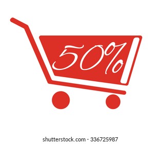 Shopping carts with a discount of 50 percent. The red truck on a white background.